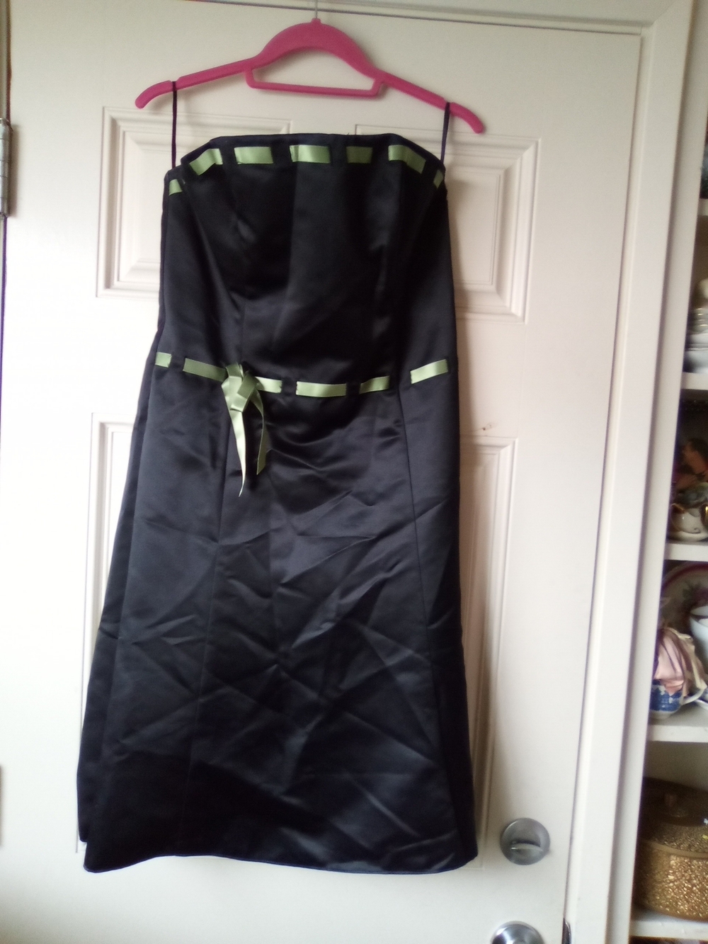 Gunne Sax Black Strapless Satin Dress with Green Ribbon Accent
